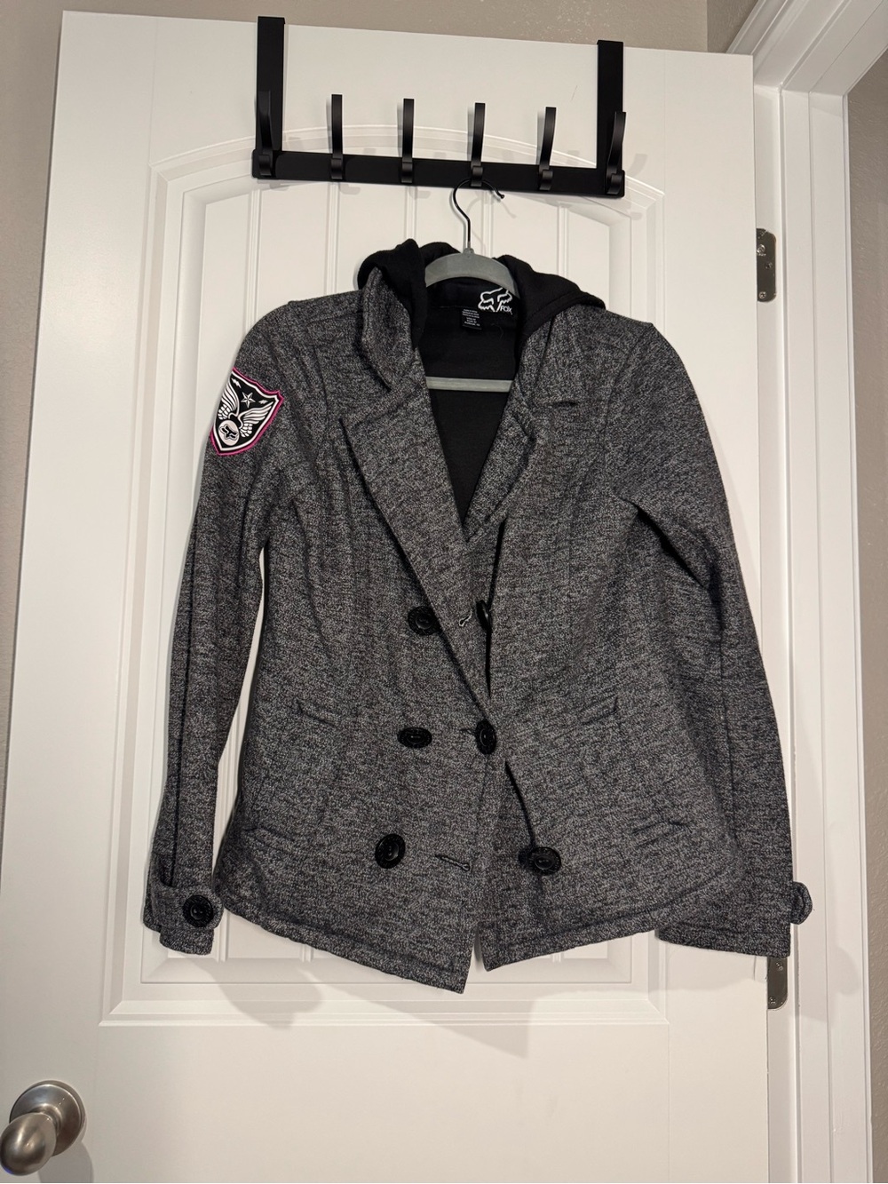 Fox Gray Double-Breasted Knit Jacket with Hood